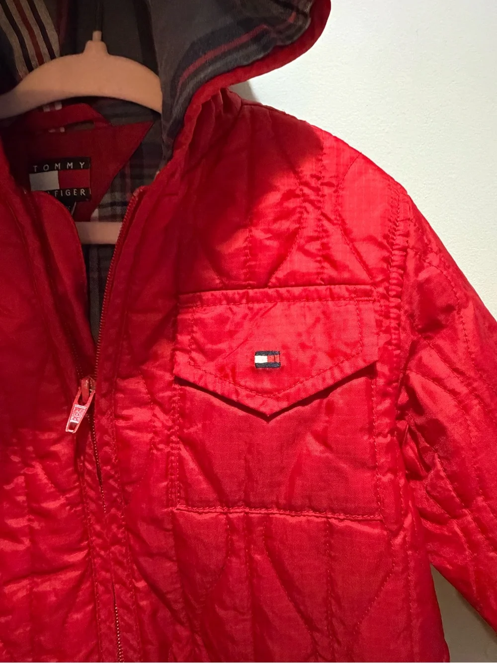 Tommy Hilfiger Coat 18-24 Months Red and Gray Plaid Lined Jacket Hood EUC